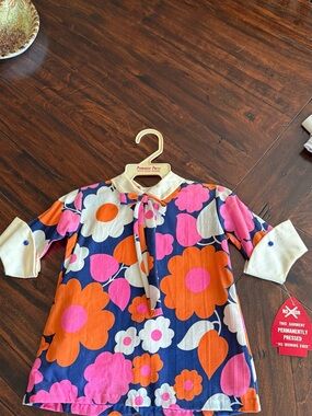 Vintage 70s Kids Floral Tie-Neck Dress in Navy, Orange & Pink